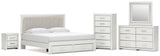 Zuraleus White King Upholstered Panel Storage Bed with Mirrored Dresser, Chest and Nightstand from Ashley - Luna Furniture