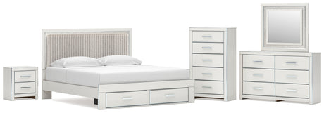 Zuraleus White King Upholstered Panel Storage Bed with Mirrored Dresser, Chest and Nightstand from Ashley - Luna Furniture