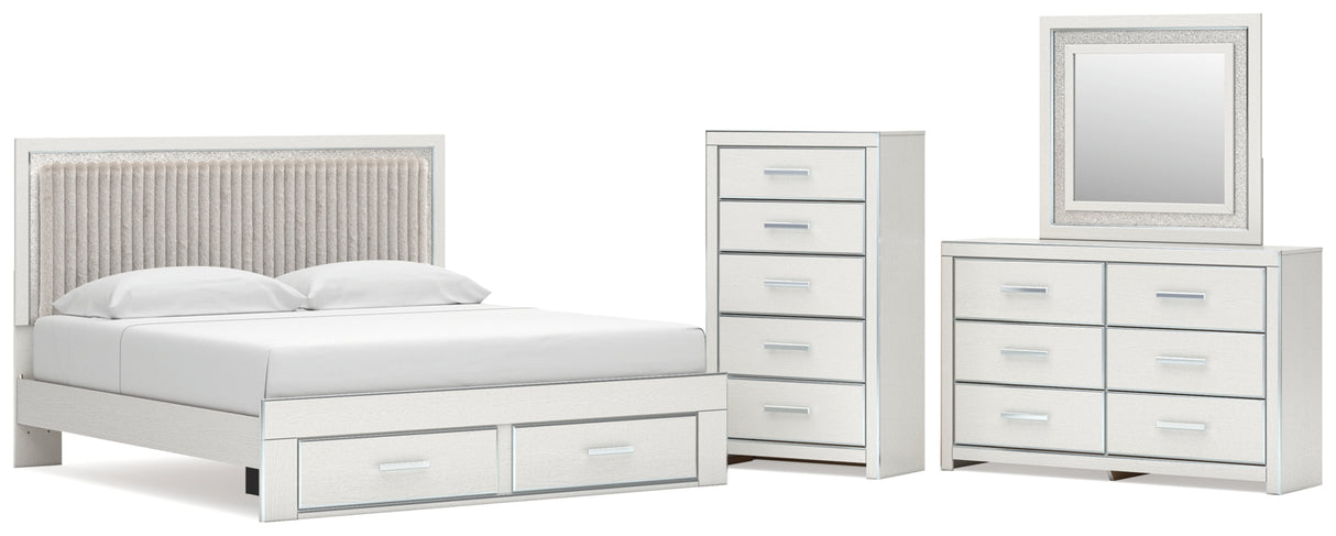 Zuraleus White King Upholstered Panel Storage Bed with Mirrored Dresser and Chest from Ashley - Luna Furniture