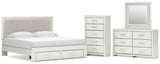 Zuraleus White King Upholstered Panel Storage Bed with Mirrored Dresser and Chest from Ashley - Luna Furniture
