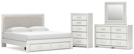 Zuraleus White King Upholstered Panel Storage Bed with Mirrored Dresser and Chest from Ashley - Luna Furniture