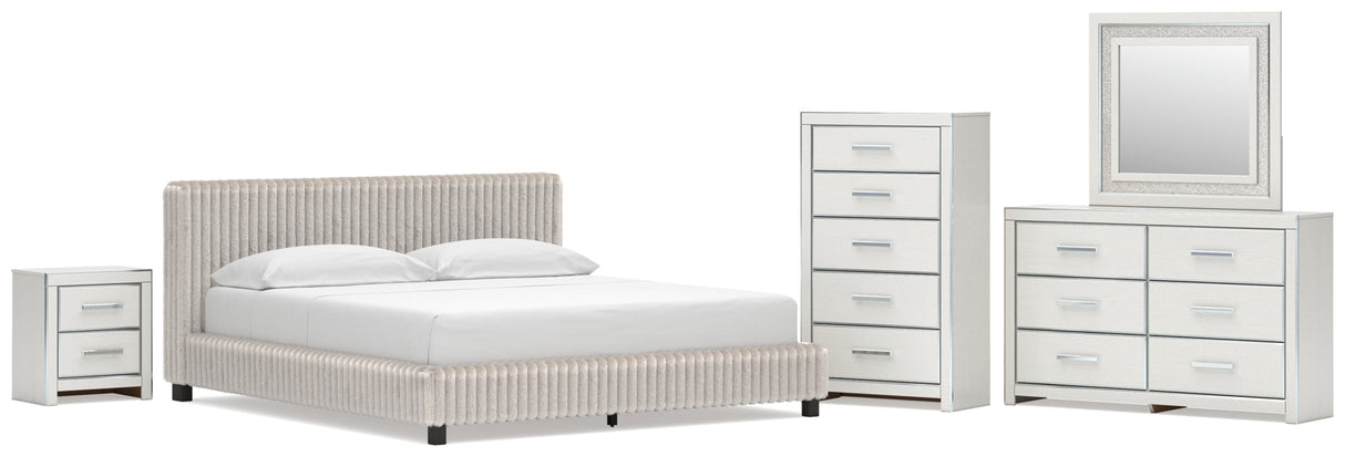 Zuraleus White California King Upholstered Bed with Mirrored Dresser, Chest and Nightstand from Ashley Furniture - Luna Furniture
