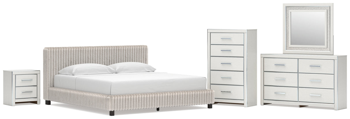 Zuraleus White King Upholstered Bed with Mirrored Dresser, Chest and Nightstand from Ashley Furniture - Luna Furniture