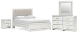 Zuraleus White Queen Upholstered Panel Bed with Mirrored Dresser and Nightstand from Ashley Furniture - Luna Furniture