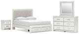 Zuraleus White Queen Upholstered Panel Storage Bed with Mirrored Dresser and Nightstand from Ashley - Luna Furniture