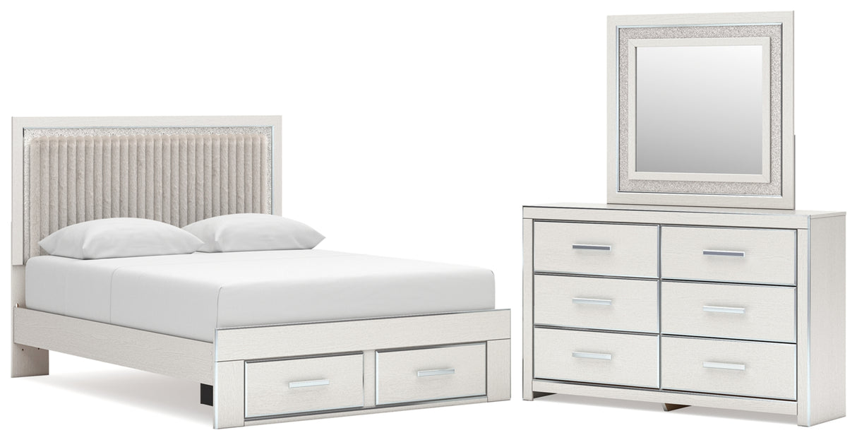 Zuraleus White Queen Upholstered Panel Storage Bed with Mirrored Dresser from Ashley - Luna Furniture