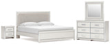 Zuraleus White King Upholstered Panel Bed with Mirrored Dresser and Nightstand from Ashley - Luna Furniture