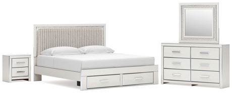 Zuraleus White King Upholstered Panel Storage Bed with Mirrored Dresser and Nightstand from Ashley - Luna Furniture