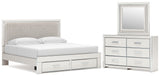 Zuraleus White King Upholstered Panel Storage Bed with Mirrored Dresser from Ashley - Luna Furniture