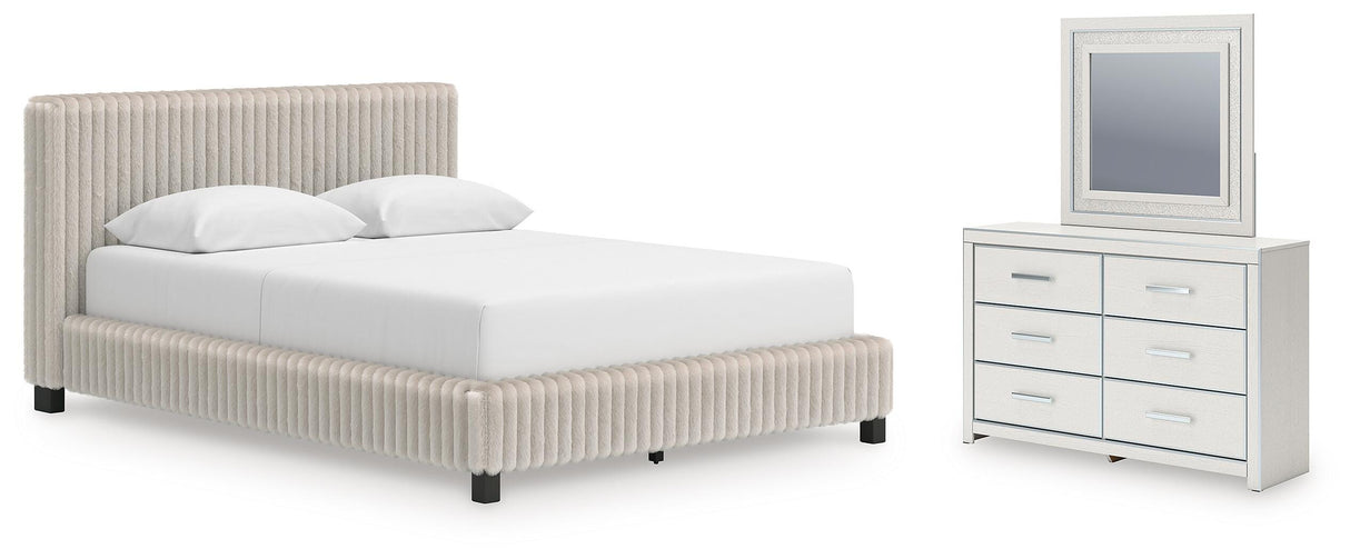 Zuraleus White Queen Upholstered Bed with Mirrored Dresser from Ashley Furniture - Luna Furniture