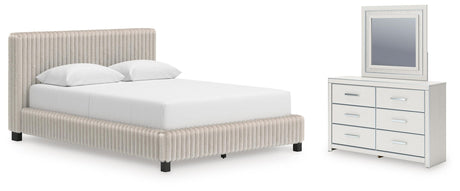 Zuraleus White Queen Upholstered Bed with Mirrored Dresser from Ashley - Luna Furniture