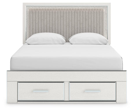 Zuraleus White Queen Upholstered Panel Storage Bed with Mirrored Dresser and Chest from Ashley - Luna Furniture