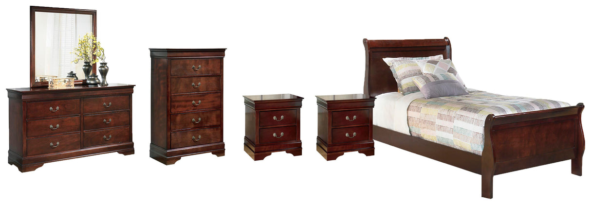 Alisdair Twin Sleigh Bed with Mirrored Dresser, Chest and 2 Nightstands in Reddish Brown from Ashley - Luna Furniture