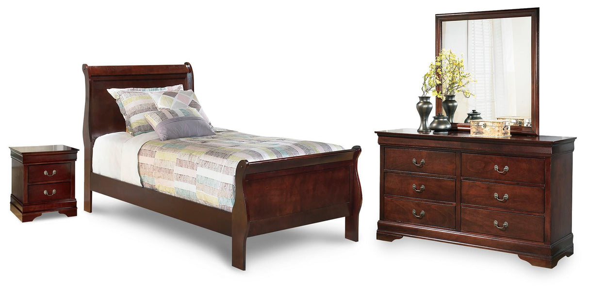 Alisdair Reddish Brown Twin Sleigh Bed with Mirrored Dresser and Nightstand from Ashley Furniture - Luna Furniture