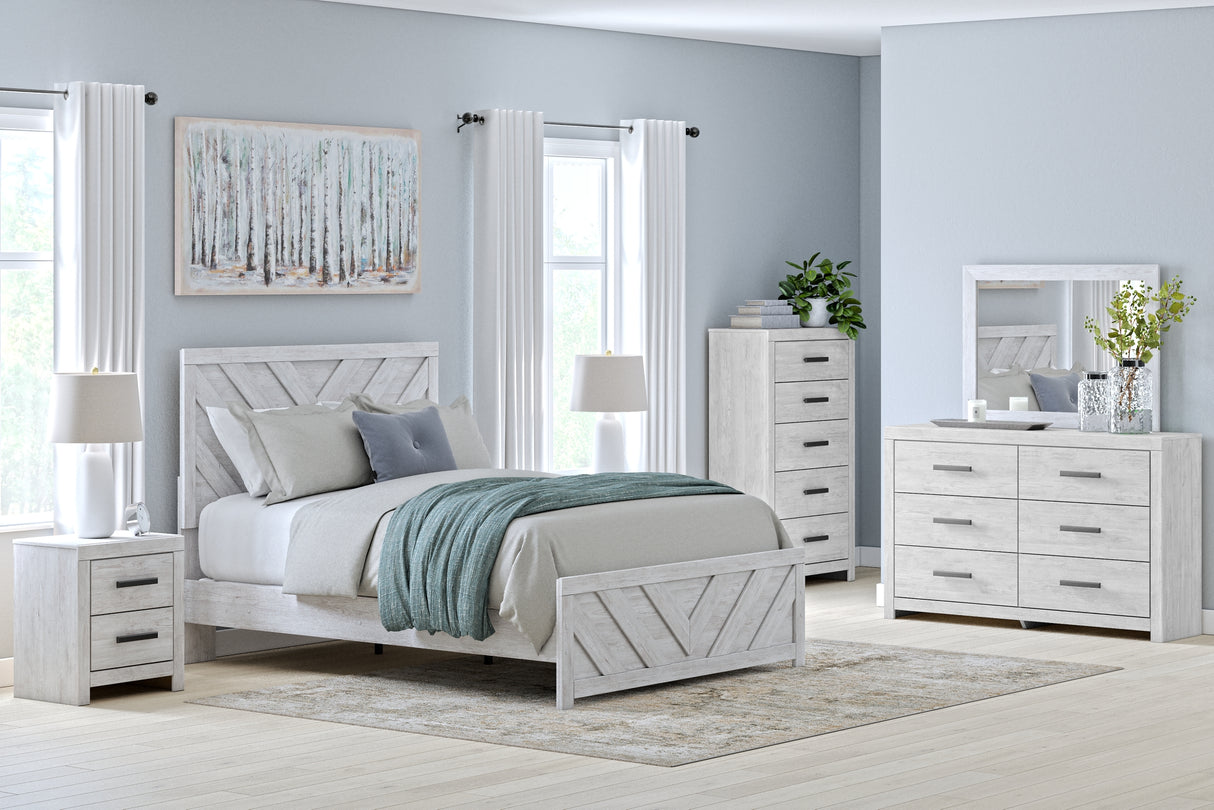 Cayboni Queen Panel Bed with Mirrored Dresser, Chest and 2 Nightstands in Whitewash from Ashley Furniture - Luna Furniture