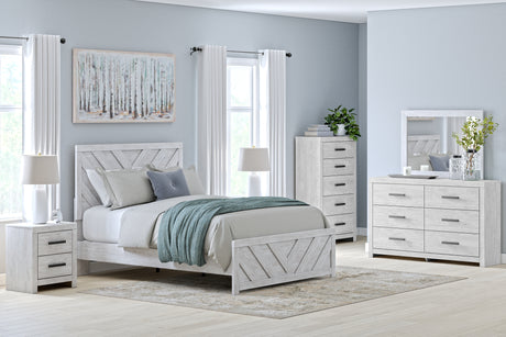 Cayboni Queen Panel Bed with Mirrored Dresser, Chest and 2 Nightstands in Whitewash from Ashley Furniture - Luna Furniture