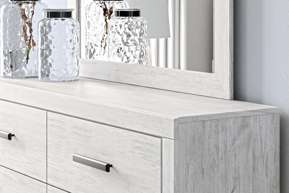 Cayboni Queen Panel Bed with Mirrored Dresser and Nightstand in Whitewash from Ashley Furniture - Luna Furniture