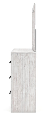 Cayboni Queen Panel Bed with Mirrored Dresser in Whitewash from Ashley Furniture - Luna Furniture