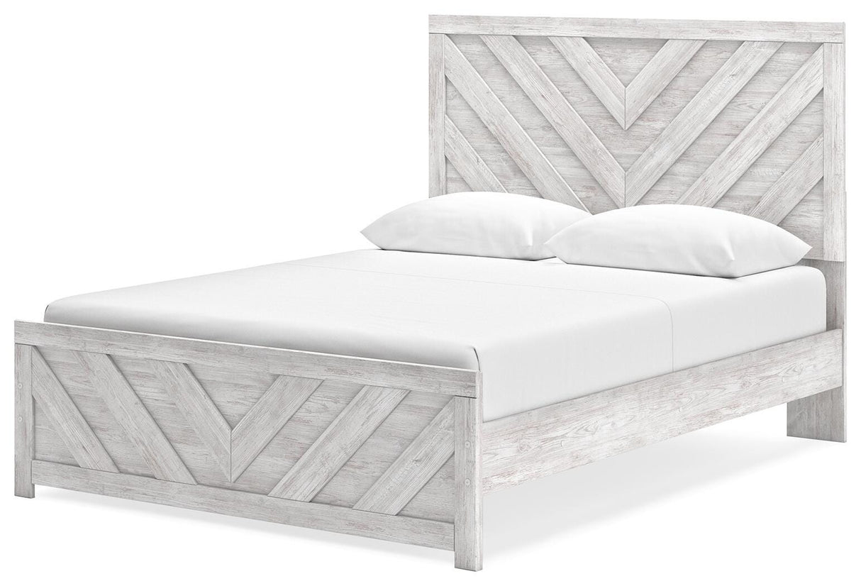 Cayboni Queen Panel Bed with Mirrored Dresser in Whitewash from Ashley Furniture - Luna Furniture