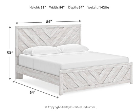 Cayboni King Panel Bed with Mirrored Dresser, Chest and 2 Nightstands in Whitewash from Ashley Furniture - Luna Furniture