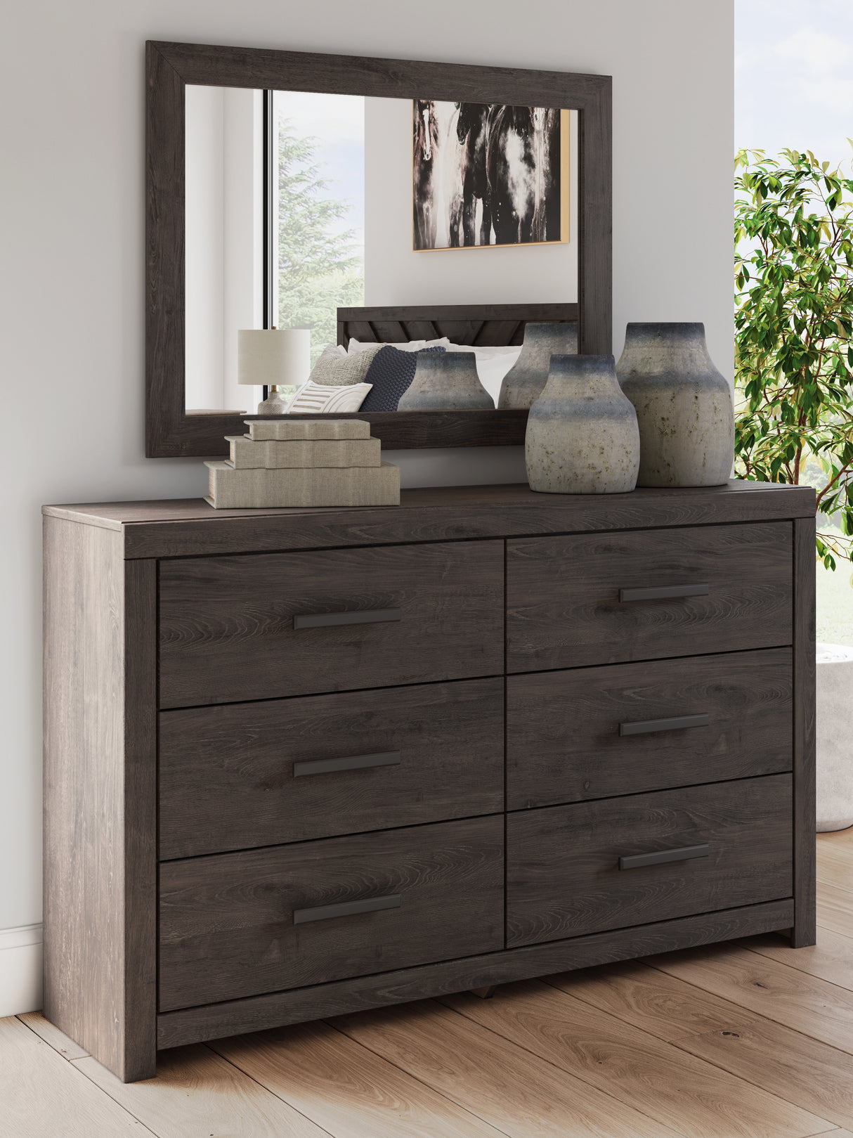Prendonea Dark Charcoal King Panel Bed, Dresser, Mirror and Nightstand from Ashley - Luna Furniture