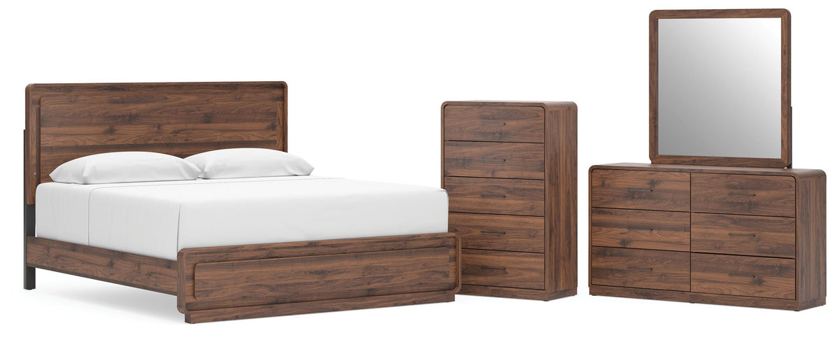Fortlorn Walnut Brown King Panel Bed, Dresser, Mirror and Chest from Ashley - Luna Furniture