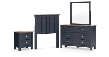 Landocken Twin Panel Headboard with Mirrored Dresser and Nightstand in Brown/Blue from Ashley - Luna Furniture