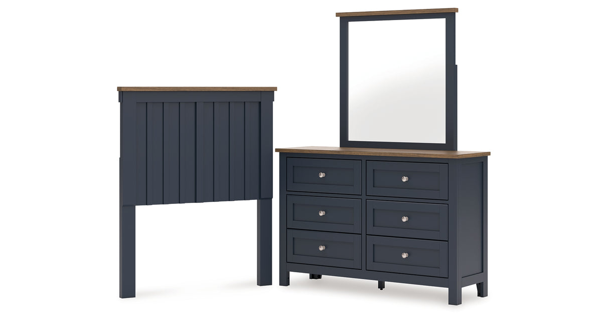 Landocken Twin Panel Headboard with Mirrored Dresser in Brown/Blue from Ashley - Luna Furniture