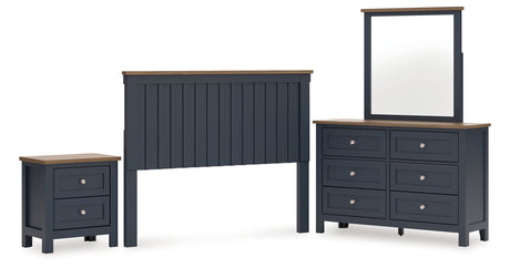 Landocken Queen Panel Headboard with Mirrored Dresser and Nightstand in Brown/Blue from Ashley - Luna Furniture