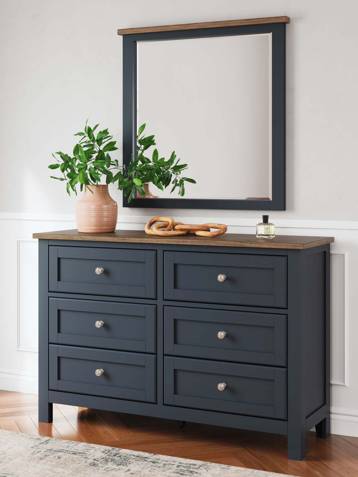 Ashley Landocken 6 Drawer Dresser and Mirror, Brown/Blue