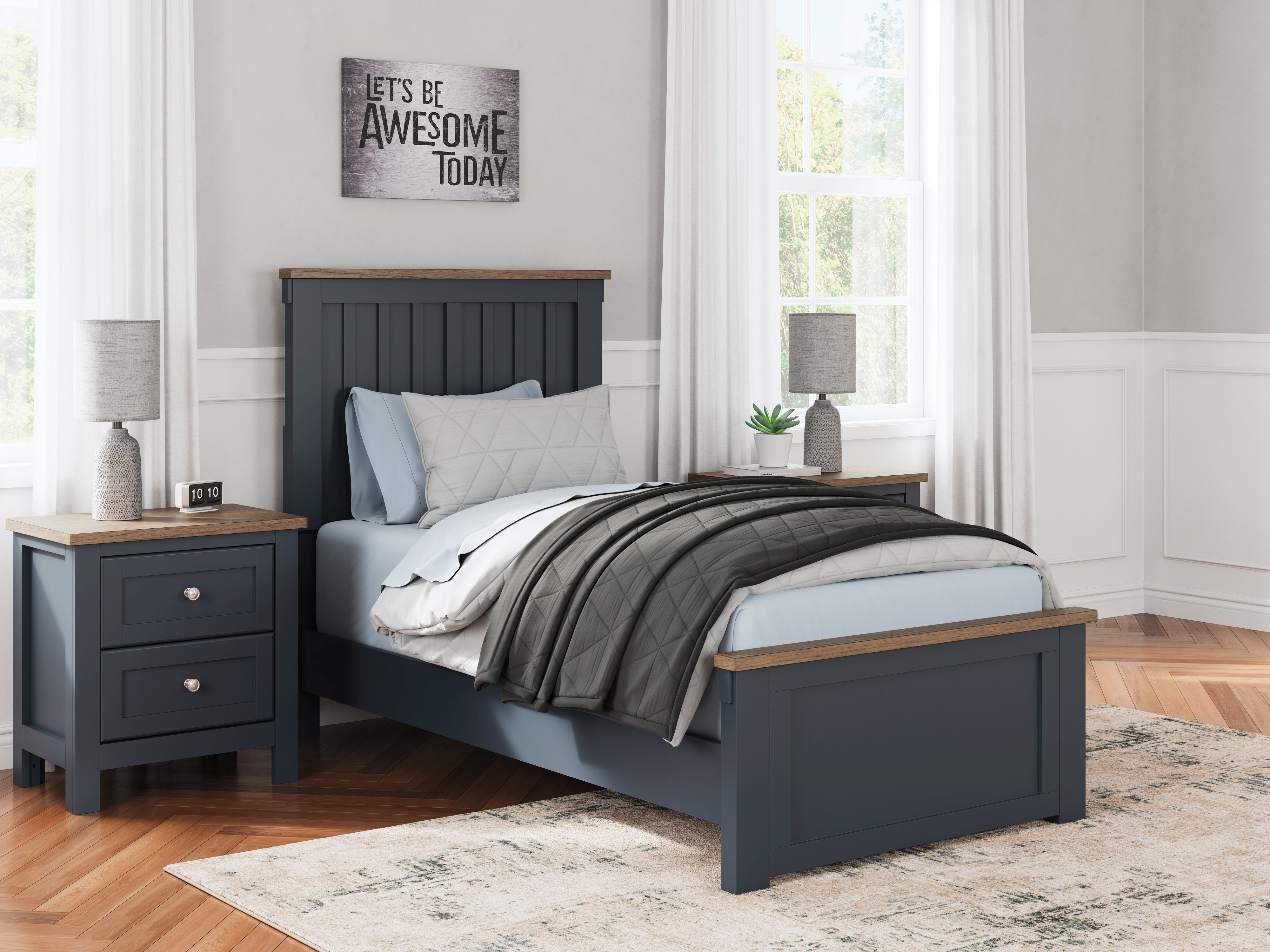Ashley Landocken Brown/Blue Twin Panel Bed, Chest and Nightstand