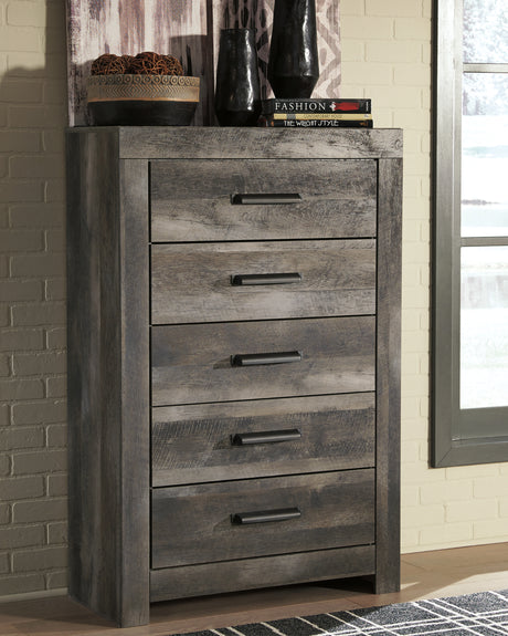 Wynnlow Queen Crossbuck Panel Bed with Mirrored Dresser and Chest in Gray from Ashley Furniture - Luna Furniture