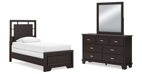 Covetown Twin Panel Bed with Mirrored Dresser in Dark Brown from Ashley Furniture - Luna Furniture