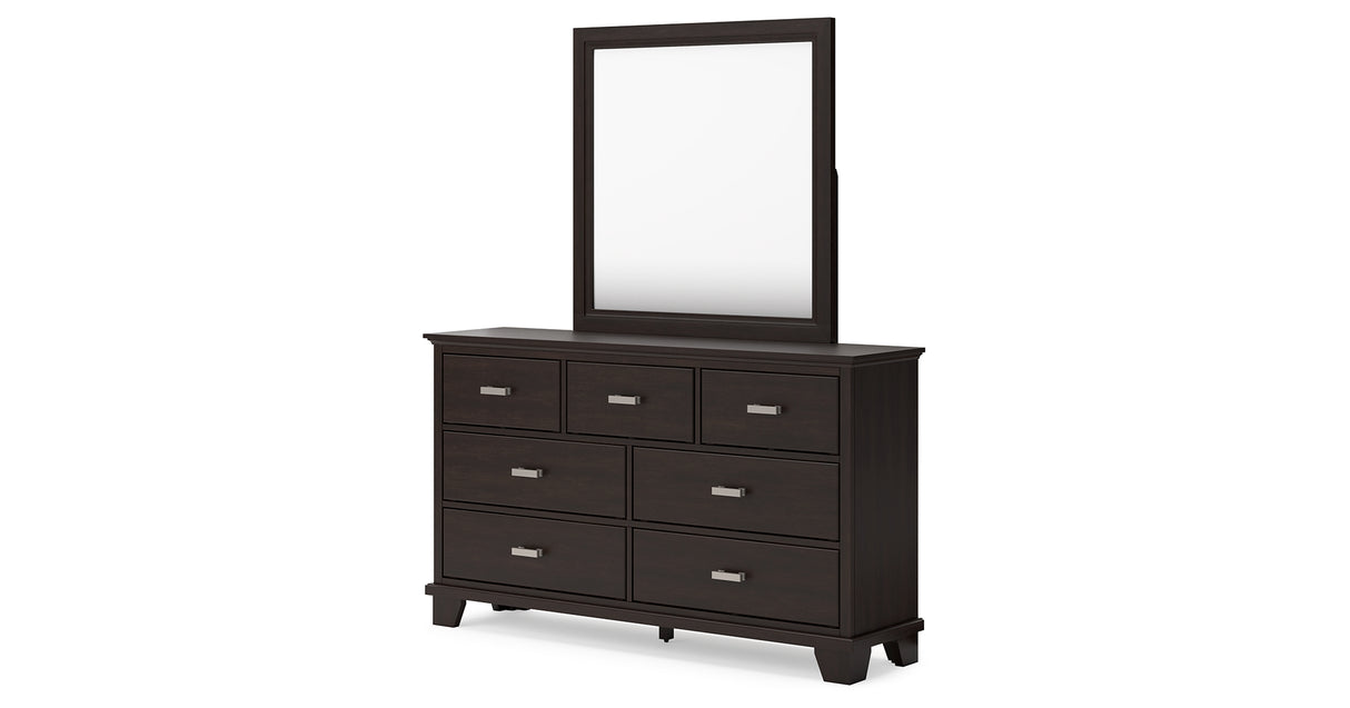 Covetown Queen Panel Bed with Mirrored Dresser and Nightstand in Dark Brown from Ashley Furniture - Luna Furniture