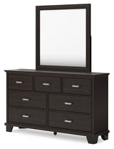 Covetown California King Panel Bed with Mirrored Dresser in Dark Brown