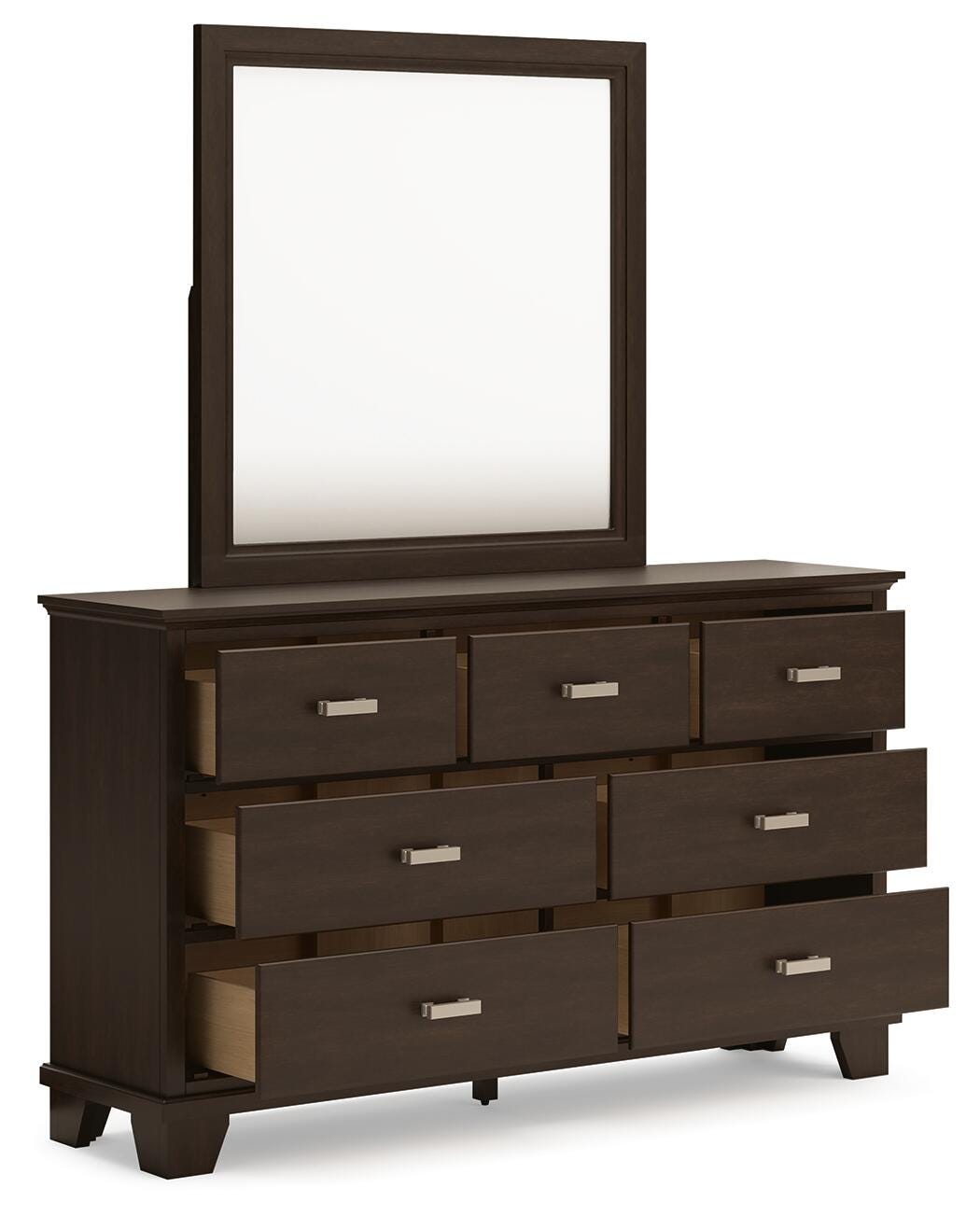 Covetown California King Panel Bed with Mirrored Dresser in Dark Brown from Ashley Furniture - Luna Furniture