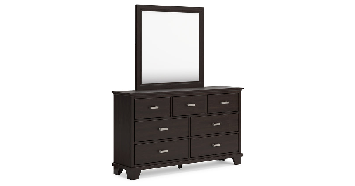 Covetown Queen Panel Bed with Mirrored Dresser and Nightstand in Dark Brown from Ashley Furniture - Luna Furniture