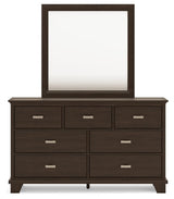 Covetown Queen Panel Bed with Mirrored Dresser in Dark Brown from Ashley Furniture - Luna Furniture