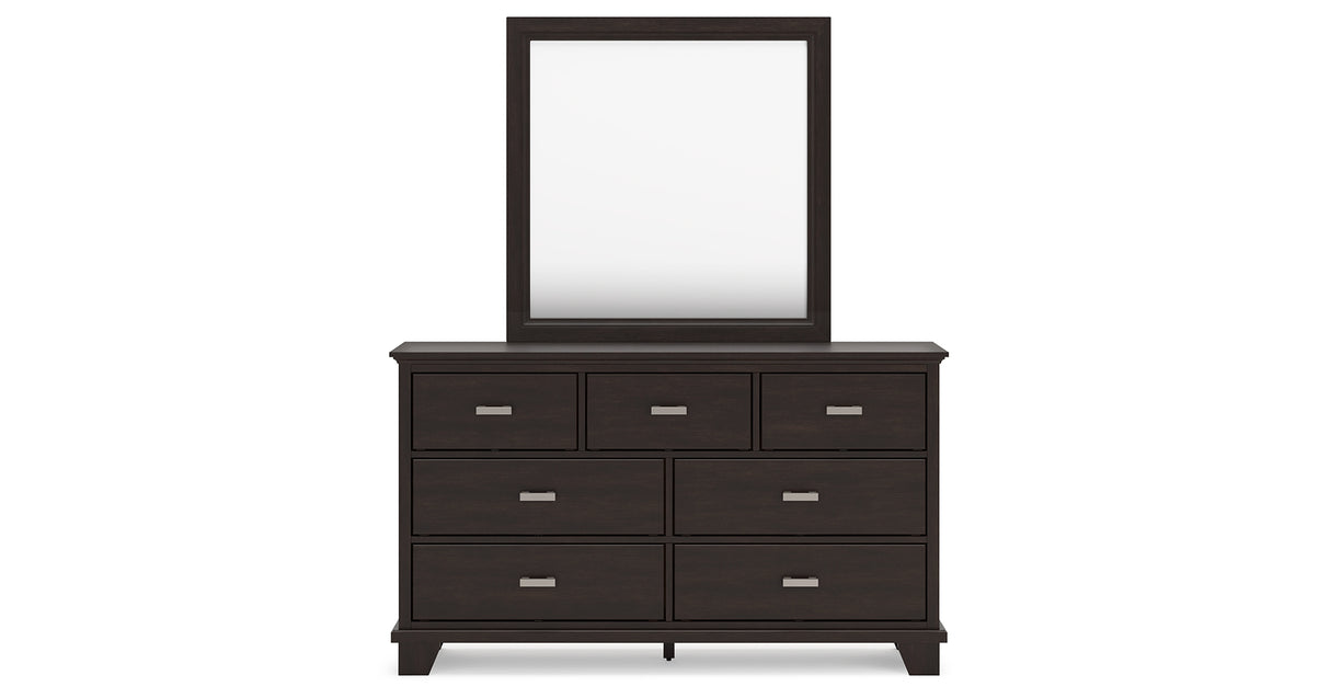 Covetown Queen Panel Bed with Mirrored Dresser and Nightstand in Dark Brown from Ashley Furniture - Luna Furniture