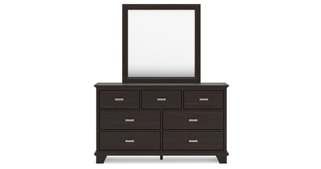 Covetown California King Panel Bed with Mirrored Dresser and 2 Nightstands in Dark Brown from Ashley Furniture - Luna Furniture