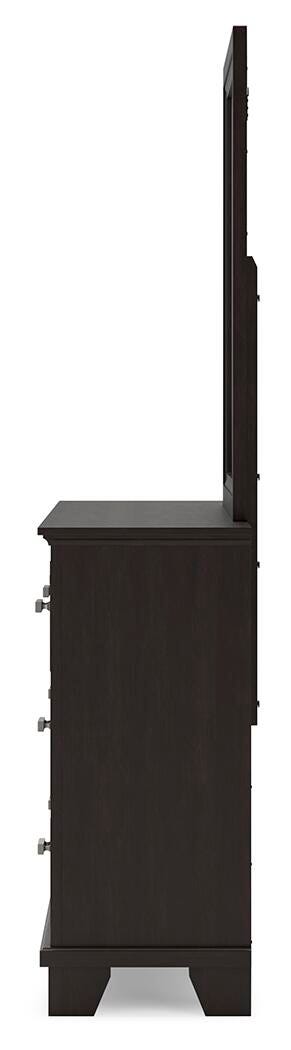 Covetown California King Panel Bed with Mirrored Dresser in Dark Brown