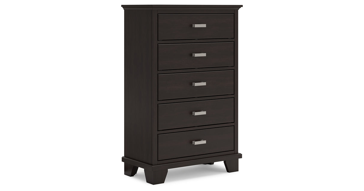 Covetown Twin Panel Bed with Mirrored Dresser and Chest in Dark Brown from Ashley Furniture - Luna Furniture