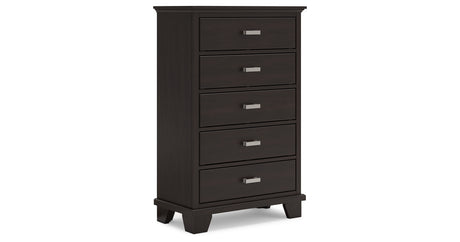 Covetown Queen Panel Bed with Mirrored Dresser, Chest and 2 Nightstands in Dark Brown from Ashley Furniture - Luna Furniture