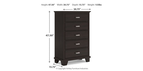 Covetown King Panel Bed with Mirrored Dresser, Chest and Nightstand in Dark Brown from Ashley Furniture - Luna Furniture