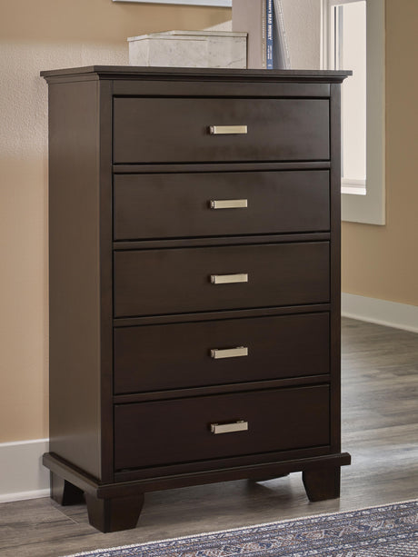 Covetown Twin Panel Bed with Mirrored Dresser, Chest and Nightstand in Dark Brown from Ashley Furniture - Luna Furniture