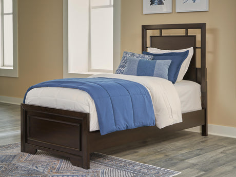 Covetown Twin Panel Bed with Mirrored Dresser and Chest in Dark Brown from Ashley Furniture - Luna Furniture