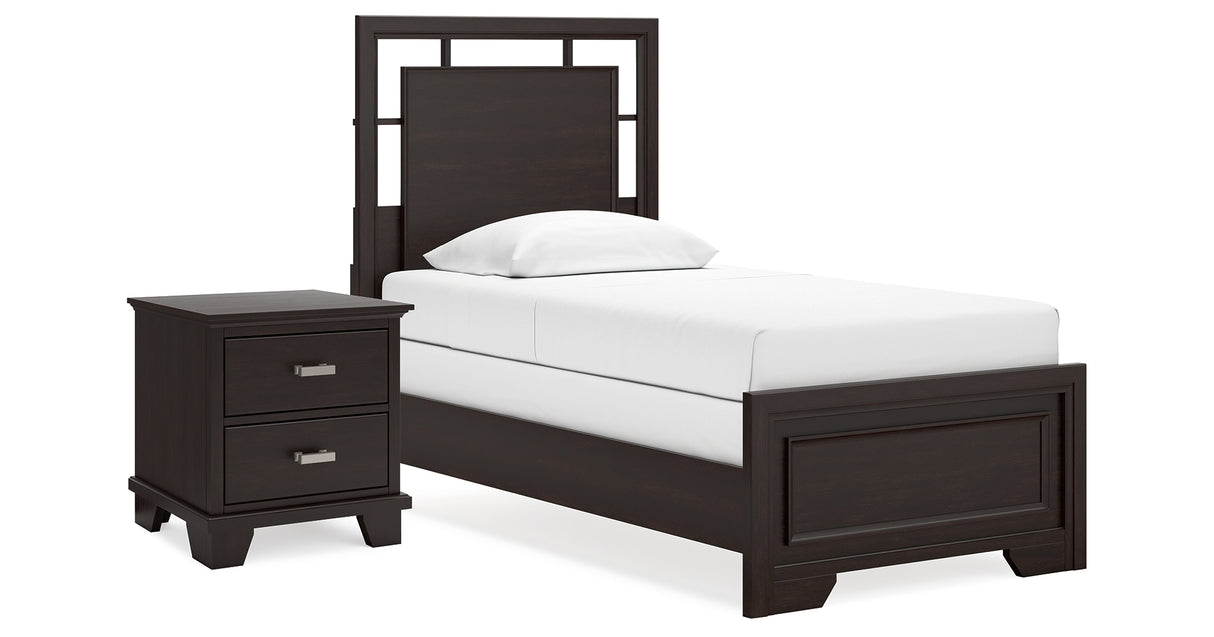 Covetown Twin Panel Bed with Nightstand in Dark Brown from Ashley Furniture - Luna Furniture
