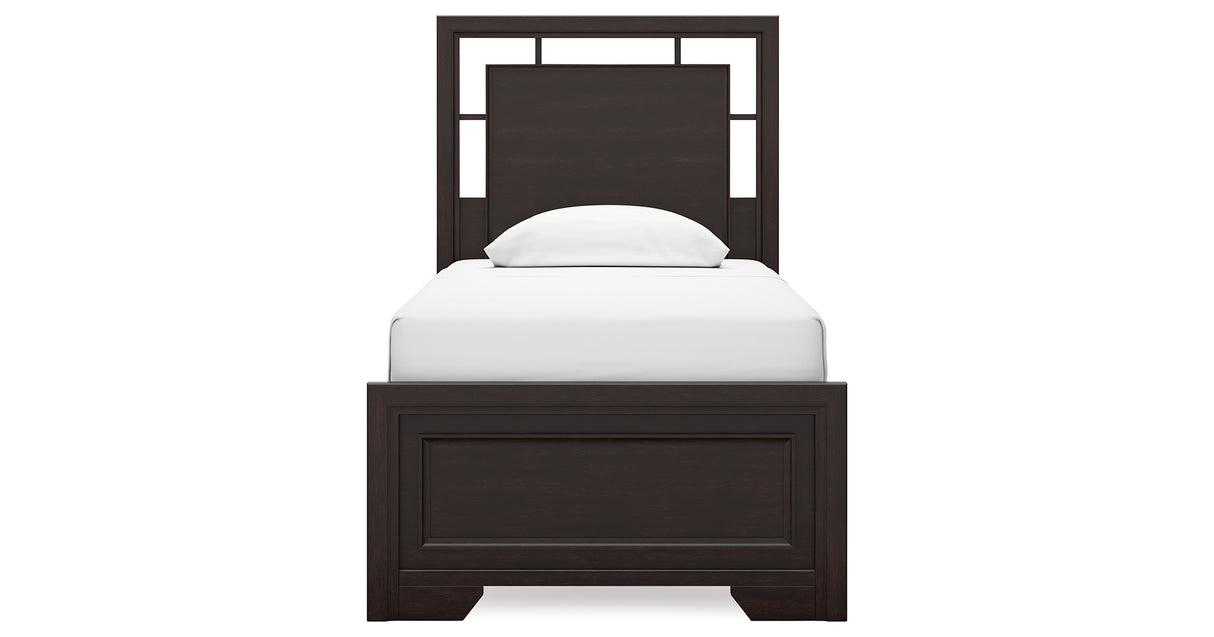 Covetown Twin Panel Bed with Mirrored Dresser, Chest and 2 Nightstands in Dark Brown from Ashley Furniture - Luna Furniture