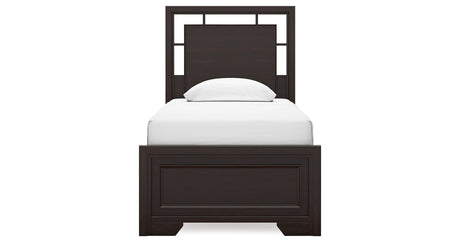 Covetown Twin Panel Bed with Mirrored Dresser and 2 Nightstands in Dark Brown from Ashley Furniture - Luna Furniture