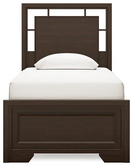 Covetown Dark Brown Twin Panel Bed with Mirrored Dresser from Ashley Furniture - Luna Furniture